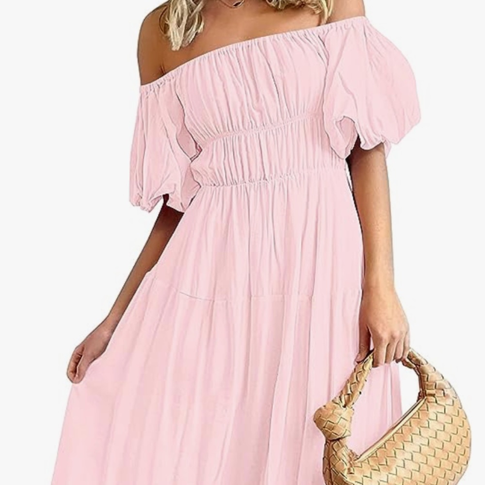 Women's Puff Sleeve Off Shoulder Summer Midi Dress Ruffle Dress - Pink